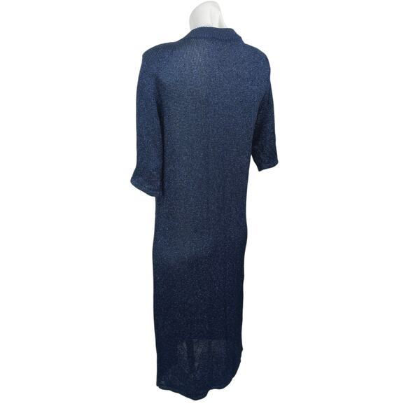 Manoush Blue Metallic Pearl Button Short Sleeve Knit Midi Sweater Shirt Dress L - Picture 2 of 5